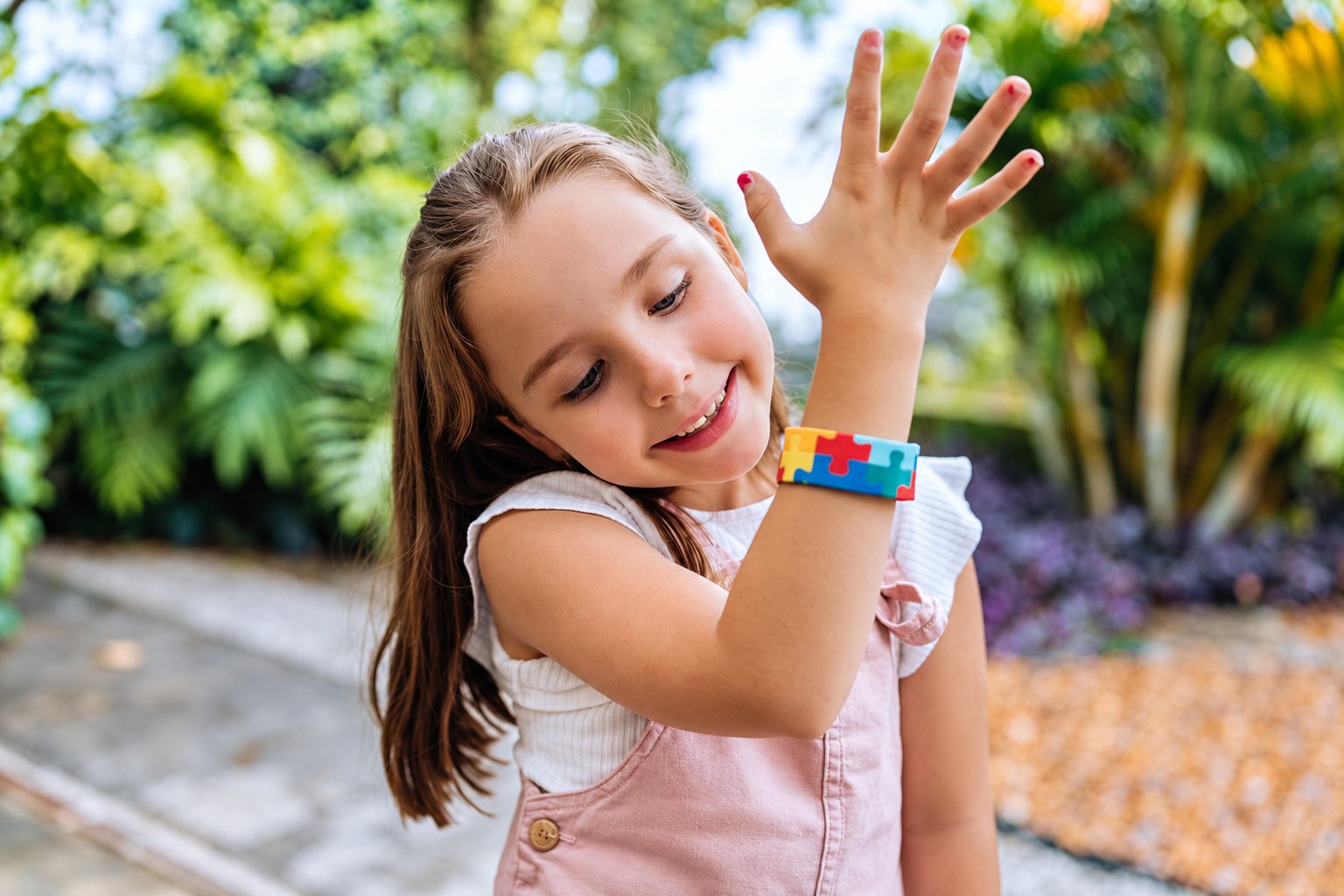 Een glimlachend kind zwaait buiten met een kleurrijke armband om haar pols