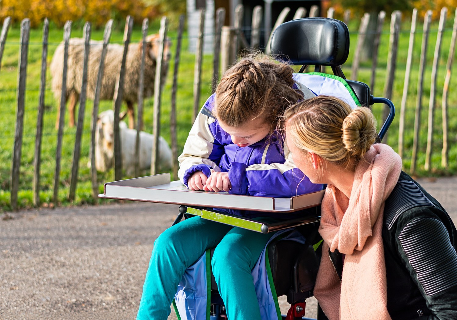 Een volwassene kijkt buiten samen met een kind in een rolstoel naar een boek